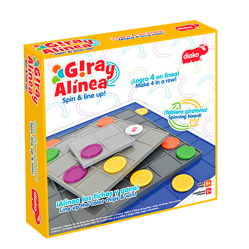 Didacti Gira y alinea; 1 tablero 3D, 68 fichas de juego, 4 fichas de jugador, 1 bolsa de fichas e instrucciones