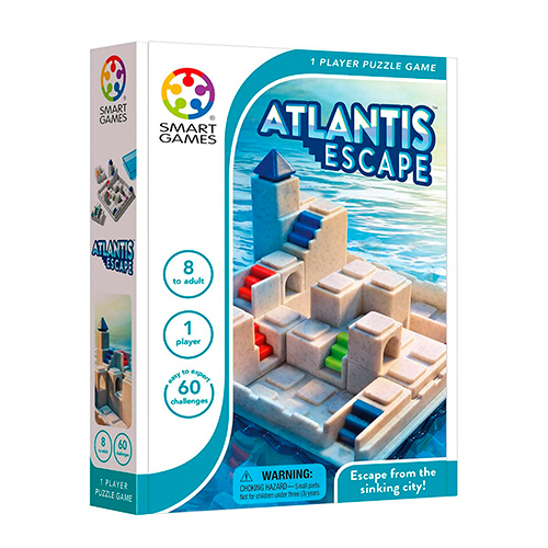 Didacti Juego escapa de Atlantis; 1 tablero de juego compacto con tapa transparente, 6 escaleras 3D, cuadernillo con 60 retos y soluciones