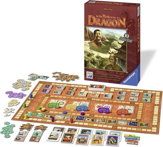 Didacti El dragón; 1 juego, 60 cartas, 190 fichas, 10 marcadores de jugador, 5 dragones, 8 cartas de acción, 66 pisos de palacio, 36 monedas, 1 folleto de reglas