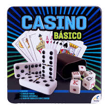 Didacti Casino básico; juego de domino, juego de póker, baraja española, juego de cubilete con 5 dados en caja metálica