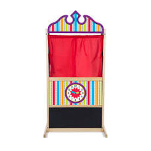 Didacti Teatro de títeres; estructura de madera de 66x132x48.3 cm,  reloj con manecillas moviles, pizarra, cortinas de terciopelo 12530